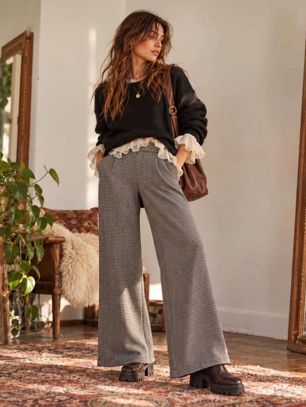 Max Studio Wide-Leg Pants Houndstooth Pull On Stretch High Waisted Rayon Large